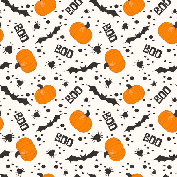 ilustrações de stock, clip art, desenhos animados e ícones de seamless pattern for halloween party. vector illustration on white background, halloween elements: bat, spider, pumpkin and black drop - bat halloween spider web spooky