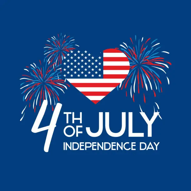 Vector illustration of 4th of July Independence Day Poster with american flag heart shape and fireworks vector