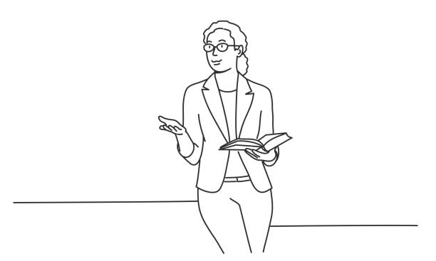 ilustrações de stock, clip art, desenhos animados e ícones de female teacher gesturing with hand, holding book and talking. - woman with glasses reading a book
