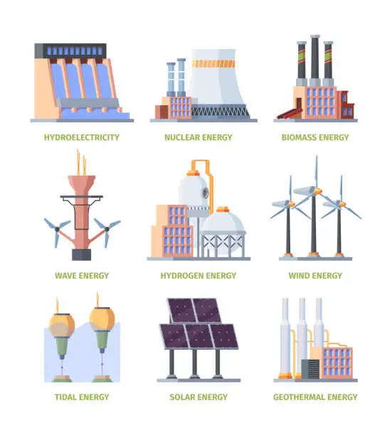 Vector illustration of Electricity factory. Industrial plants buildings hydro systems electricity station garish vector flat templates