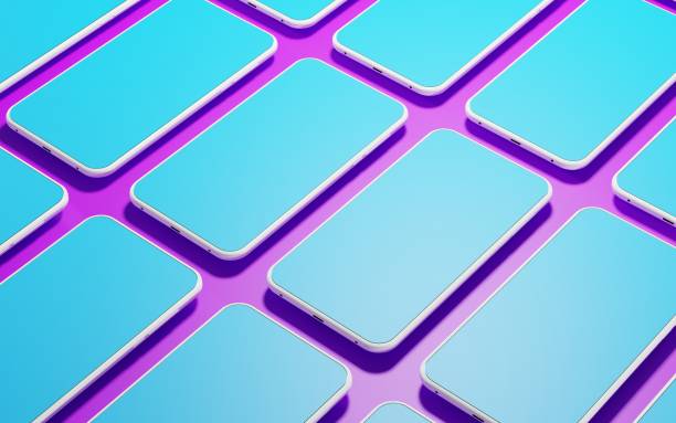 Smartphones with pink screen on yellow background, seamless pattern. Mock up cell phone with white frame and blank display. Hi-tech production line, mobile devices on conveyor belt, 3d illustration.