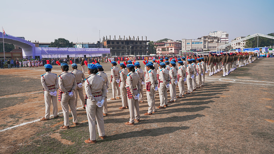 Putrajaya, Malaysia - August 31, 2023: An image classic uniform fire fighter marching with vehicle . Celebrating the 66th anniversary of Independence Day or Merdeka Day.