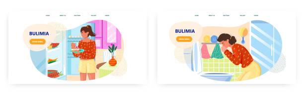 illustrations, cliparts, dessins animés et icônes de conception de la page de destination boulimie, ensemble de modèles vectoriels de bannières de site web. femme souffrant de troubles psychologiques de l’alimentation. - bulimia