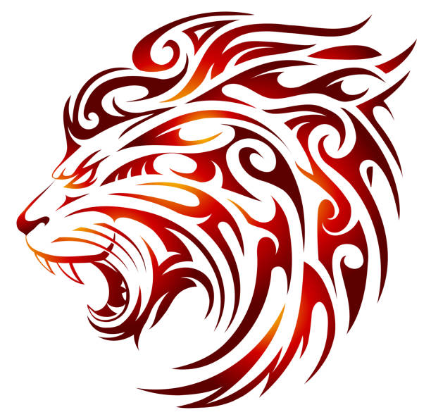 Lion tattoo with fire flames Tribal style Lion tattoo with fire flame shapes tribals tattoos stock illustrations