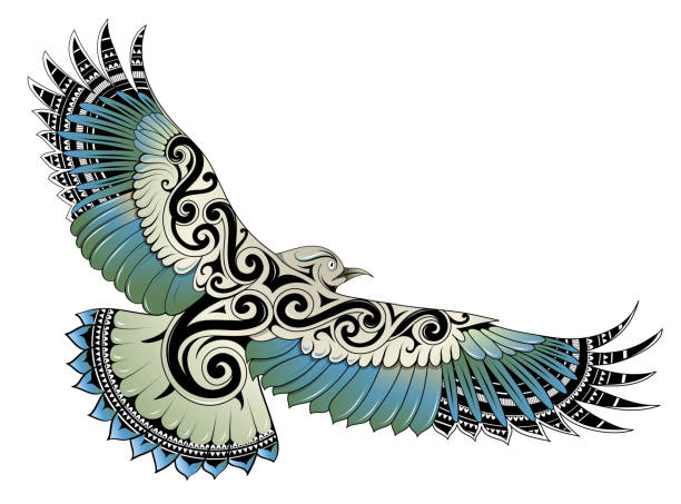 Polynesian style bird tattoo Polynesian style Kea bird tattoo featuring Samoan and Maori ethnic ornaments koru pattern stock illustrations
