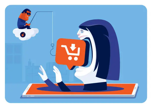 Vector illustration of woman biting shopping icon lure while hacker phishing via smartphone