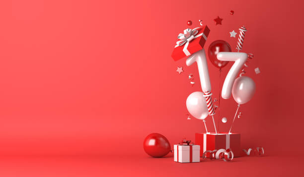 istock Indonesia independence day decoration background with 17 balloon number gift box, firework rocket, confetti, copy space text, 3D rendering illustration 1326428032