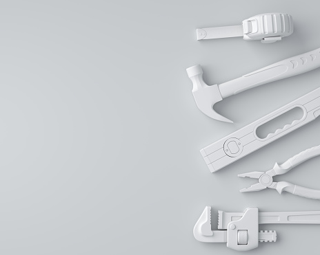 Top view of monochrome construction tools for repair and installation on white background. 3d rendering and illustration of service banner for house plumber or repairman