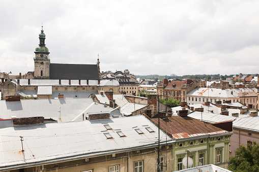 View from the height of the cathedral in the central part of Lviv from the observation deck