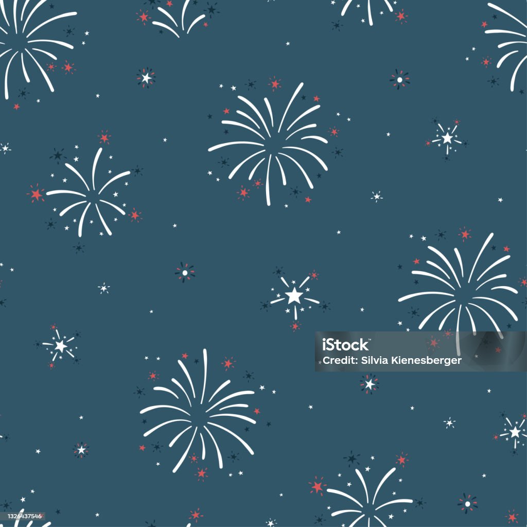 Red Firework Pattern Fun Hand Drawn Firework Seamless Pattern In Red Blue White Colors Party ...