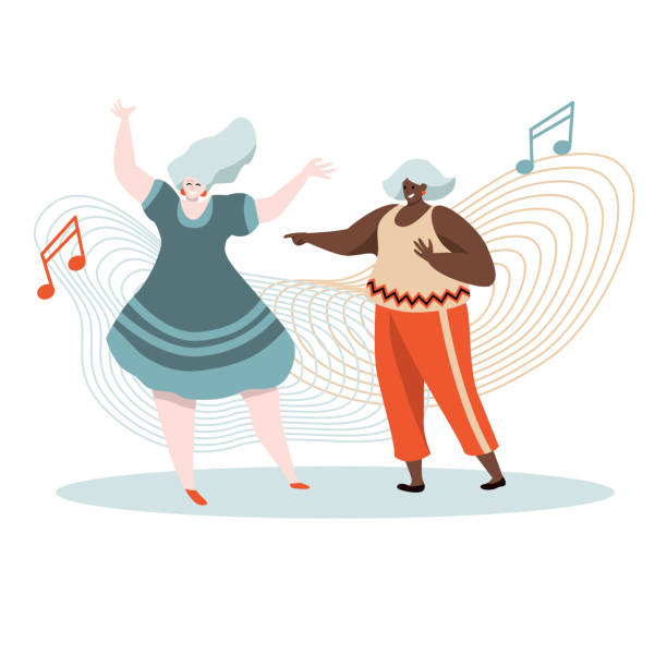 Two forty aged women dancing and having fun. Concept for active middle aged women Two middle aged women dancing and happy spending time together. Vector illustration, modern character design. Concept for active middle aged women enjoying friendship and music. old people dancing stock illustrations