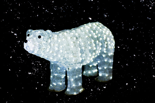 Decoration of Christmas lights in the form of polar bear and snow.. xMas and New Year's light installation on the street with lighting. Christmas lights outside the house