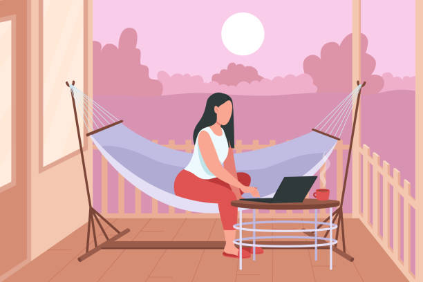 Woman in hammock with laptop flat color vector illustration Woman in hammock with laptop flat color vector illustration. Relaxation in home backyard. Weekend lounge. Freelancer resting outdoors 2D cartoon character with cozy sunset landscape on background hammock stock illustrations
