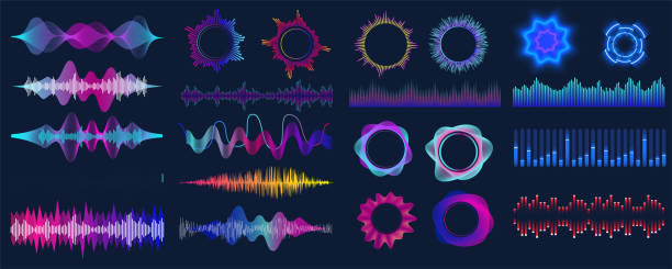 다채로운 음파. 오디오 신호 파, 컬러 그라데이션 음악 파형 및 디지털 스튜디오 이퀄라이저 벡터 세트. 아날로그 및 디지털 오디오 신호.  고주파 전파. 벡터 일러스트레이션 - wave pattern audio stock illustrations