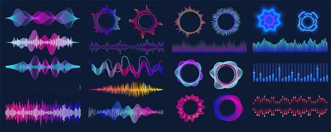 Colorful sound waves. Audio signal wave, color gradient music waveforms and digital studio equalizer vector set. Analog and digital audio signal.