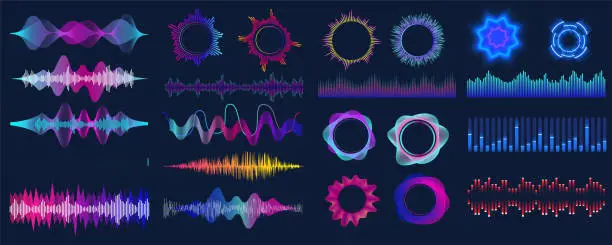 Vector illustration of Colorful sound waves. Audio signal wave, color gradient music waveforms and digital studio equalizer vector set. Analog and digital audio signal.  High frequency radio wave. Vector illustration