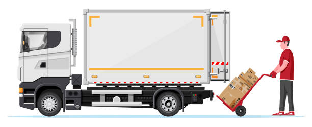 illustrazioni stock, clip art, cartoni animati e icone di tendenza di furgone di consegna pieno di scatole di cartone isolate - van delivery van mini van messenger