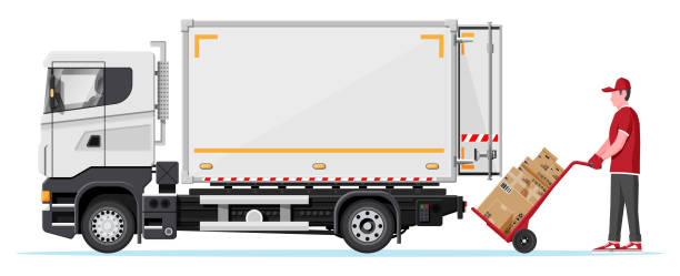 Delivery Van Full of Cardboard Boxes Isolated Delivery Van Full of Cardboard Boxes Isolated on White. Express Delivering Services Commercial Truck. Concept of Fast and Free Delivery by Car. Cargo and Logistic. Cartoon Flat Vector Illustration mover delivery person box hand truck stock illustrations