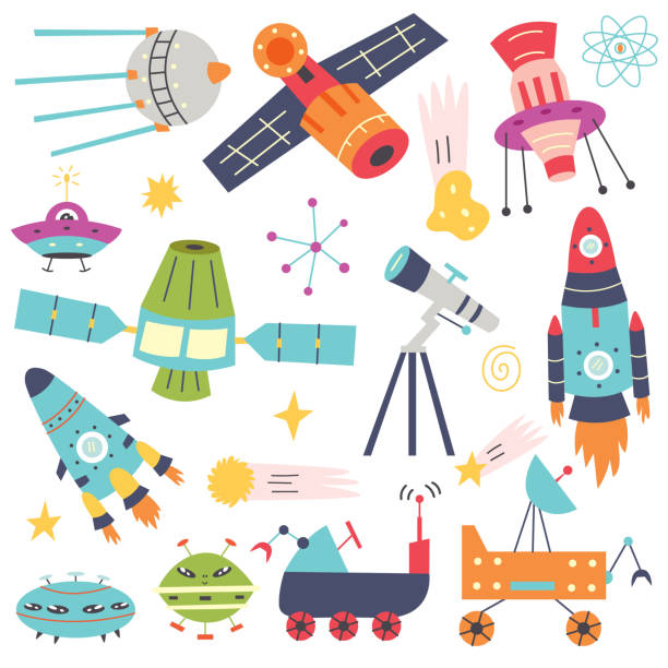 Set of space elements rockets satellites planetoids stars alien ships Set of space elements rockets satellites planetoids stars alien ships clip art of a meteoroids stock illustrations