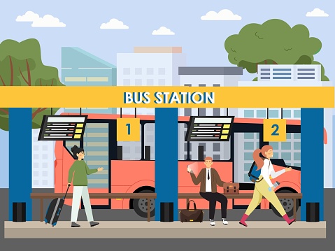 People Waiting For Bus At Intercity Bus Station Flat Vector Illustration  Waiting Area Passengers With Luggage Stock Illustration - Download Image  Now - iStock
