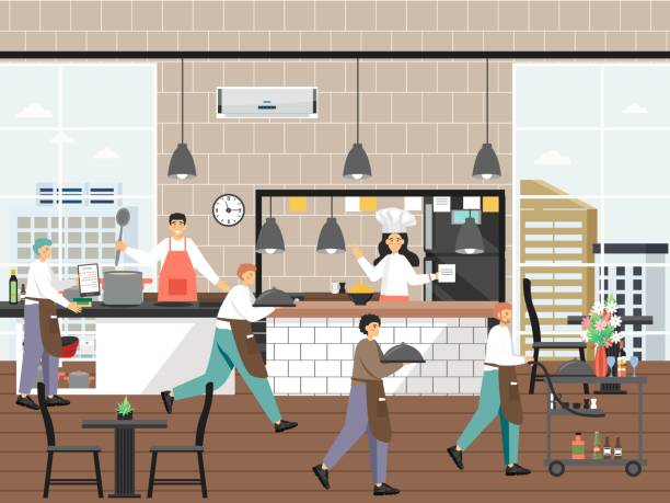 ilustrações de stock, clip art, desenhos animados e ícones de restaurant kitchen with chef and waiter characters, flat vector illustration. restaurant business, catering, teamwork. - restaurant food food and drink industry food service occupation