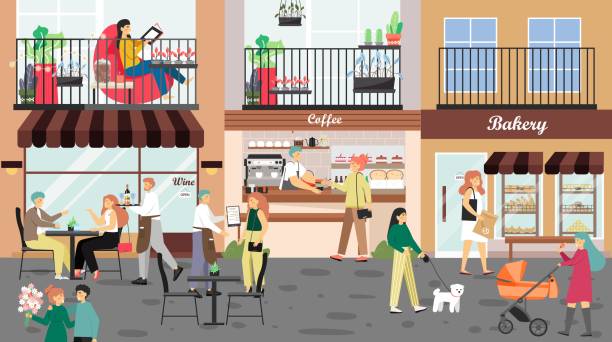 illustrazioni stock, clip art, cartoni animati e icone di tendenza di persone che visitano caffetteria, caffè, panetteria, camminando lungo la strada della città, illustrazione vettoriale. piccolo negozio esterno, clienti - city street