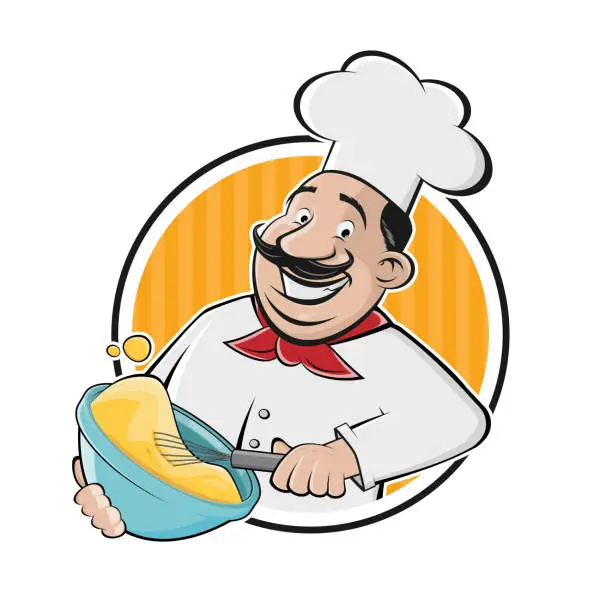 Vector illustration of cartoon logo of a happy chef preparing meal with bowl and whisk