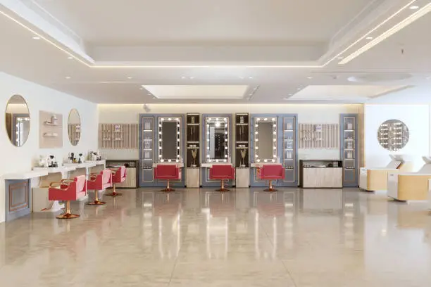 Interior Of Hairdressing And Beauty Salon With Pink Chairs, Mirrors And Tiled Floor