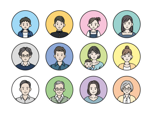 japanische menschen symbole illustration - alte frau junger mann stock-grafiken, -clipart, -cartoons und -symbole