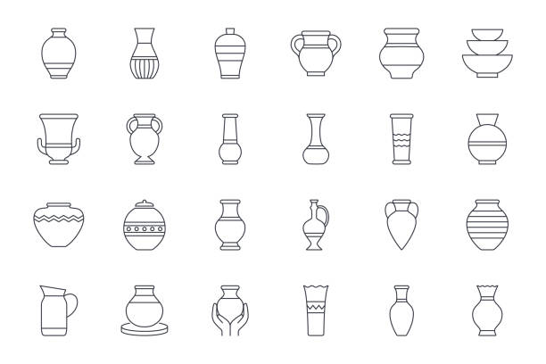 stockillustraties, clipart, cartoons en iconen met vector icons amphora, vase, pottery. editable stroke. ancient and modern tableware, ceramic bottle, museum piece, greek art. line set - schaal serviesgoed