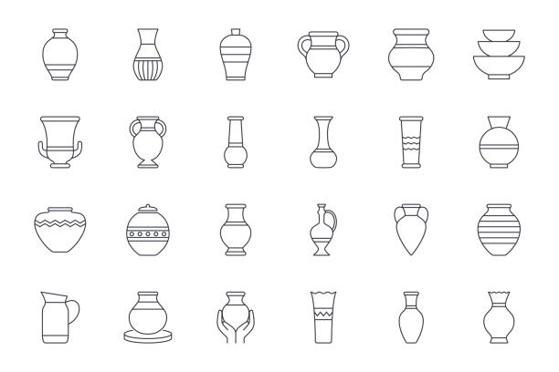 векторные иконы амфоры, вазы, керамики. редактируемый штрих. древняя и современная посуда, керамическая бутылка, музейное произведение, гре - jug decorative urn ancient greek culture stock illustrations