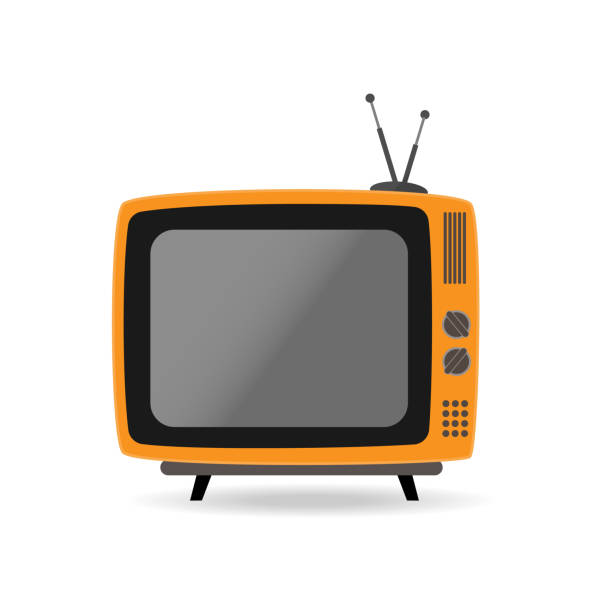 レトロテレビセット。白い背景に隔離されたアンテナアイコンの記号記号が付いたフラットオレンジ色のテレビ。ベクトルストックのイラスト - channel点のイラスト素材／クリップアート素材／マンガ素材／アイコン素材