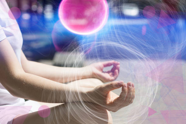 istock Human hands and quantum physics - lines, balls and triangles in blue and pink shades. 1326449212