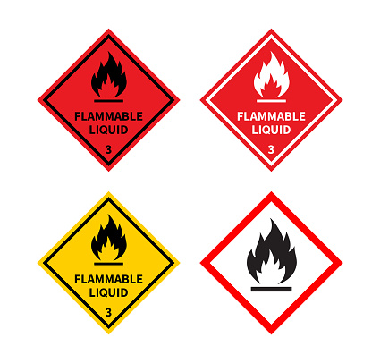 Set of flammable liquid sign on white background. Danger sign. Label, Sticker, Symbol. Vector illustration.