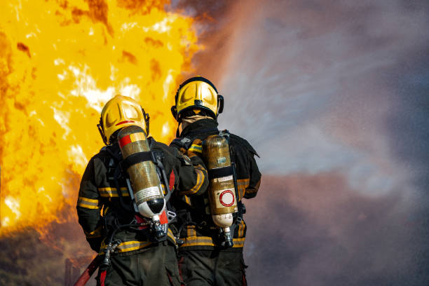 istock Firefighters are conducting fire drills by spraying water to extinguish the raging fire. 1326451097