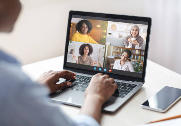 istock Modern remote work, conference with employees, webinar, chat with colleagues online 1326451542