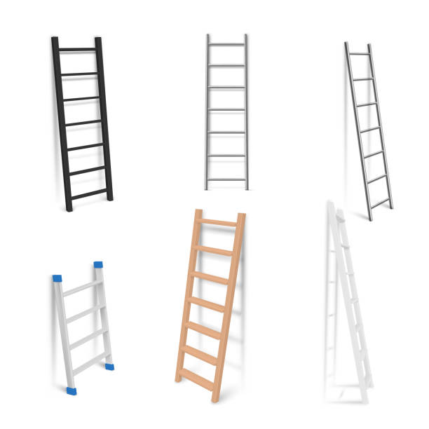 ilustraciones, imágenes clip art, dibujos animados e iconos de stock de conjunto de escaleras detalladas ilustración vectorial realista. colección de escaleras de madera y metálicas - escaleras de aluminio