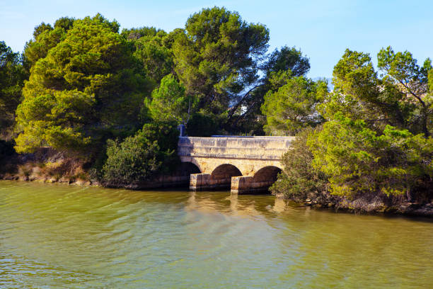 Old arch bridge and water canal . Lake Es Llac Gran in Alcudia Mallorca Spain