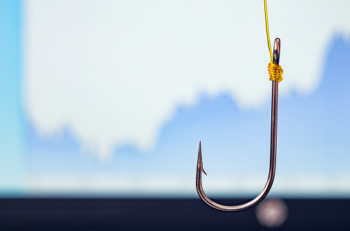 Data phishing, internet security, cybercrime concept. Fishing hook on laptop screen background. Image with copy-space