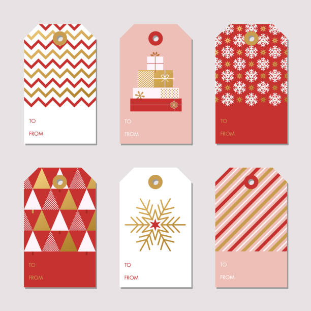collection of christmas and new year gift tags. - yeni yıl hediyesi stock illustrations
