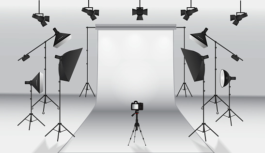 set of realistic photo studio white blank background isolated or set up photo scene with soft box light or modern lightning equipment for professional photography concept. eps vector