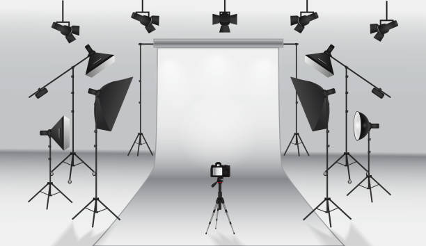 realistic photo studio white blank background isolated set of realistic photo studio white blank background isolated or set up photo scene with soft box light or modern lightning equipment for professional photography concept. eps vector backstage photos stock illustrations