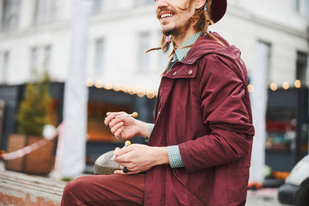 istock Focused photo on cheerful musician doing improvisation 1326459932