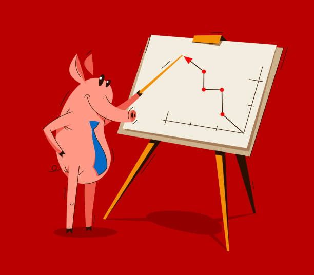 istock Funny cartoon pig shows on graph chart diagram with wooden pointer like a businessman presentation seminar vector illustration, happy animal swine character drawing. 1326462673