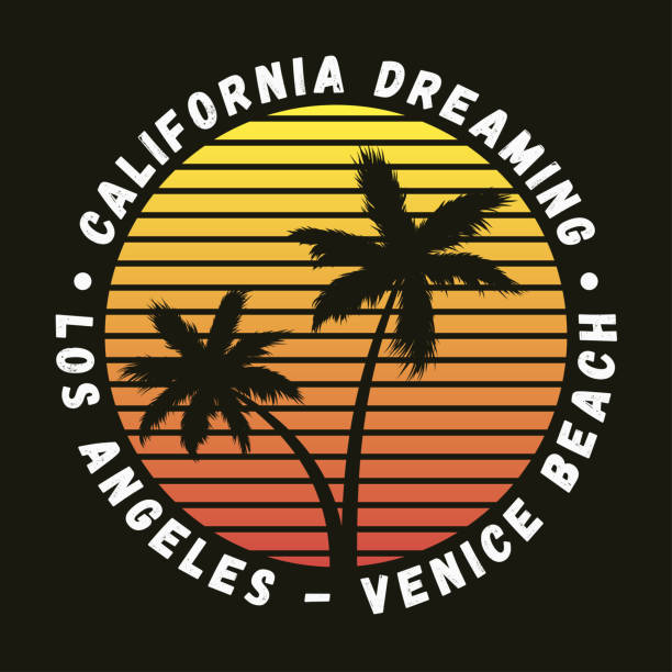 ilustrações de stock, clip art, desenhos animados e ícones de california, los angeles, venice beach - typography for design clothes, t-shirt with palm trees. graphics for print product, apparel. vector - letter t tree typescript alphabet