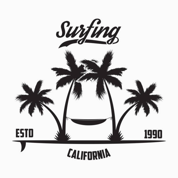 ilustraciones, imágenes clip art, dibujos animados e iconos de stock de tipografía de surf de california para ropa de diseño - letter t tree typescript alphabet