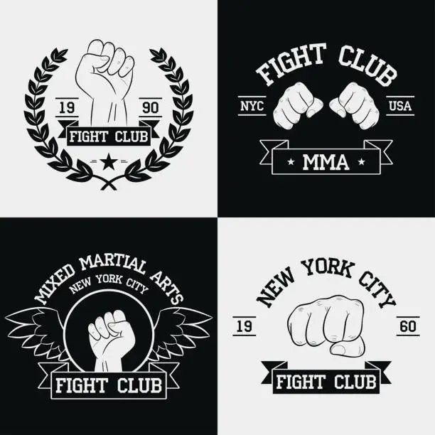 Vector illustration of Fight Club graphics for t-shirt set. New York city, MMA, Mixed Martial Arts. Fighting typography for design clothes, logo, apparel. Sport print with fist, ribbon, wings and laurel wreath.
