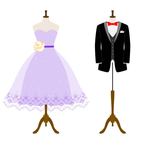 ilustrações de stock, clip art, desenhos animados e ícones de illustration of tuxedo and dress (white background, vector, cut out) - haute couture beautiful smoking beauty