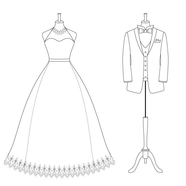 ilustrações de stock, clip art, desenhos animados e ícones de illustration of tuxedo and wedding dress (white background, vector, cut out) - haute couture beautiful smoking beauty