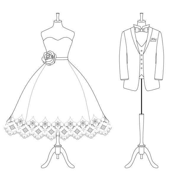 ilustrações de stock, clip art, desenhos animados e ícones de illustration of tuxedo and dress (white background, vector, cut out) - haute couture beautiful smoking beauty